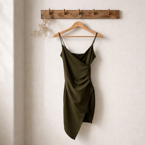 Mind Code Dresses & Skirts - Mind Code Wrap Dress Womens S Olive Green Excellent Ruched Asymmetrical Mini